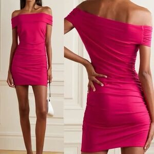 Reformation Barbie Pink Raydon Off Shoulder Mini Dress Ruched Bodycon Sz L